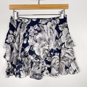 Intermix Size P Navy Blue Gray Floral Tiered Silk Skirt Ruffle Mini Womens XS